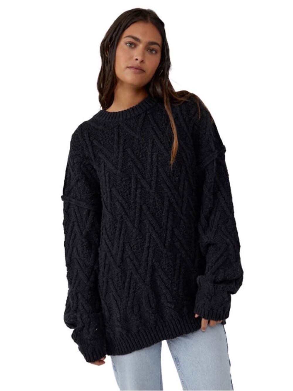 Free People Isla Cableknit Chunky Sweater Black